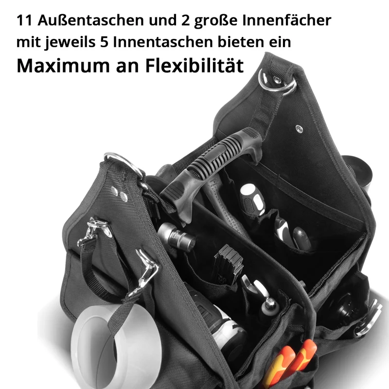 STAHLWERK Werkzeugtasche mit 11 Außentaschen und 2 großen Innenfächern mit jeweils 5 Innentaschen, robuste Montagetasche / Werkzeugkoffer / Werkzeugbeutel mit Tragegriff und Schultergurt aus strapazierfähigem Polyester-Gewebe