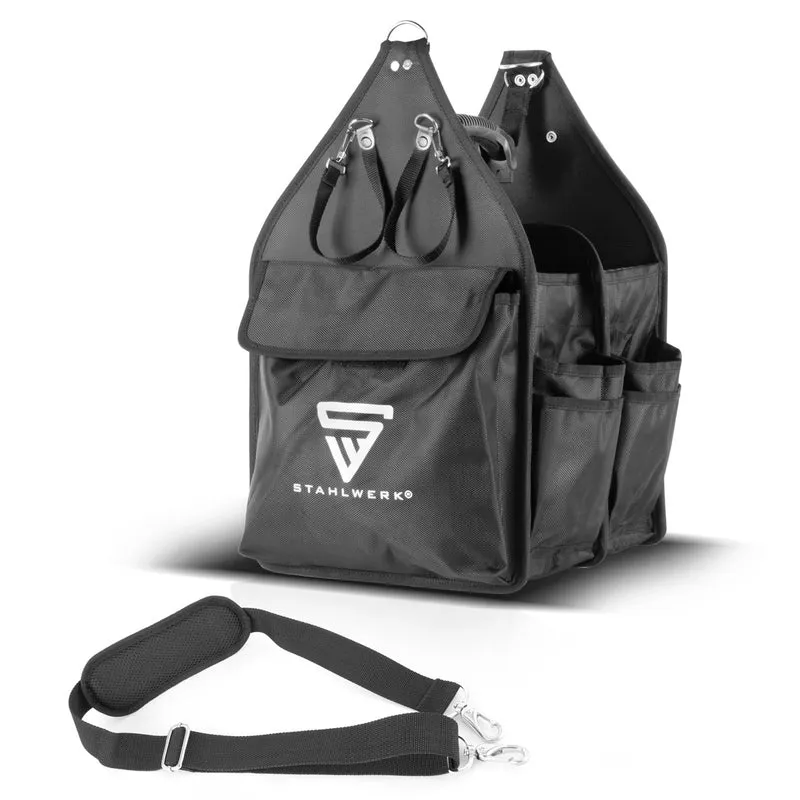 STAHLWERK Werkzeugtasche mit 11 Außentaschen und 2 großen Innenfächern mit jeweils 5 Innentaschen, robuste Montagetasche / Werkzeugkoffer / Werkzeugbeutel mit Tragegriff und Schultergurt aus strapazierfähigem Polyester-Gewebe
