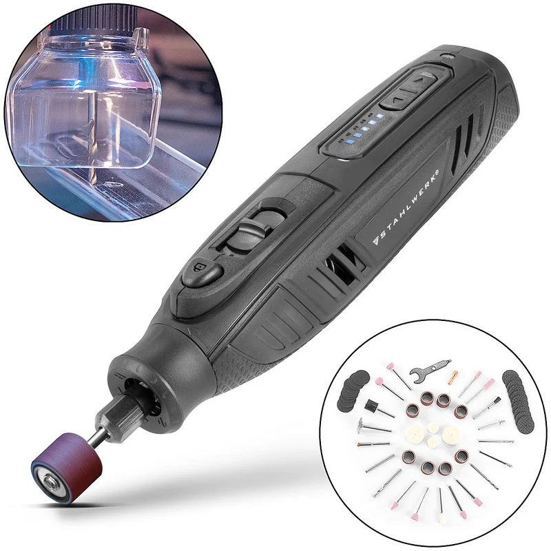 STAHLWERK Akku Mehrzweckschleifer AMF-80 ST 5.000-25.000 U/min 2.000 mAh Multifunktionswerkzeug / Drehwerkzeug / Schleifgerät / Minischleifer mit 53-teiligem Zubehör und USB-Ladekabel