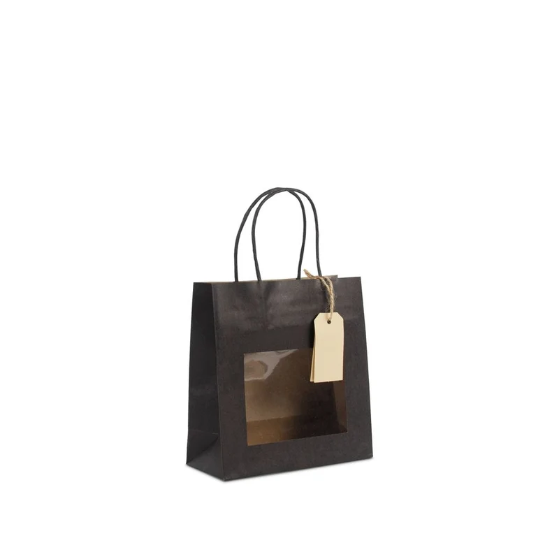 Geschenk-Tragetaschen mit Fenster und Anhänger 18+8x19cm schwarz (100 Stück) [FP-DPT101]