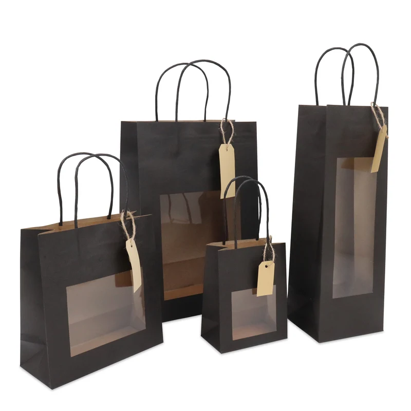 Geschenk-Tragetaschen mit Fenster und Anhänger 18+8x19cm schwarz (100 Stück) [FP-DPT101]