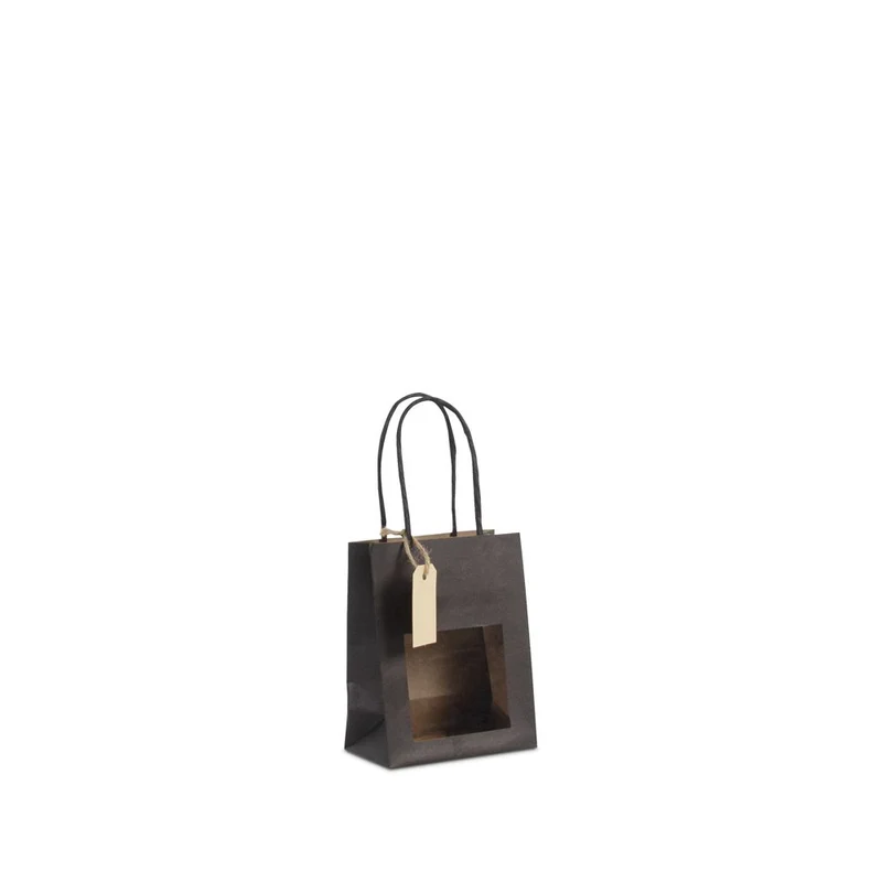 Geschenk-Tragetaschen mit Fenster und Anhänger 11,5+6,4x14,5cm schwarz (100 Stück) [FP-DPT100]