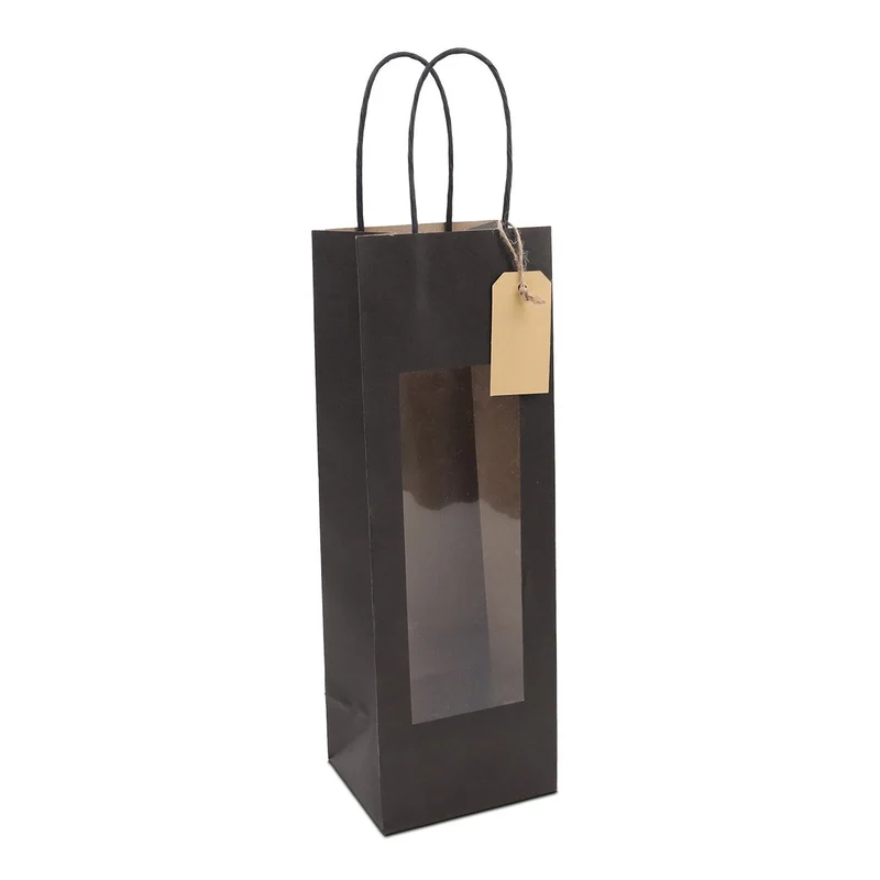 Geschenk-Tragetaschen mit Fenster und Anhänger 12+10x35cm schwarz (100 Stück) [FP-DPT122]