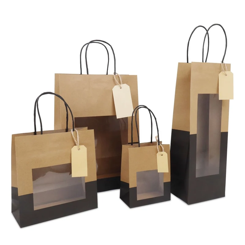 Geschenk-Tragetaschen mit Fenster und Anhänger 22+12x32cm kraft/schwarz (100 Stück) [FP-DPT114]