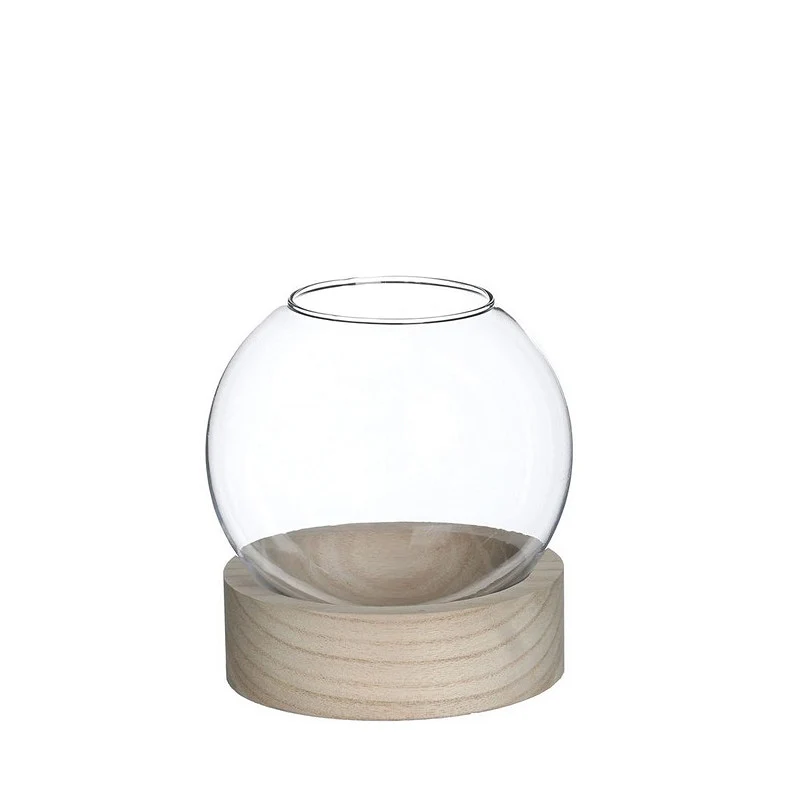 Glaskugelvase mit Holzsockel, Ø 13 cm, H. 14 cm (1 Stück) [IFS-29412]