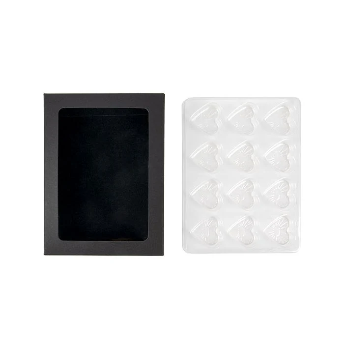 Schachteln schwarz für handgemachte Süßigkeiten, Herz-Einsatz 10.2x2.1x13.8 cm (25 Stück) [CNDYH270B]
