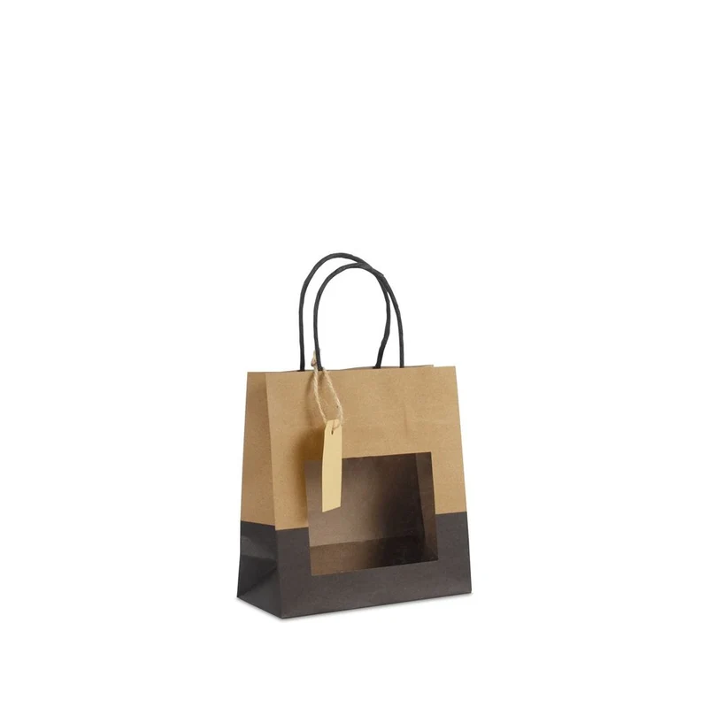 Geschenk-Tragetaschen mit Fenster und Anhänger 12+10x35cm kraft/schwarz (100 Stück) [FP-DPT123]