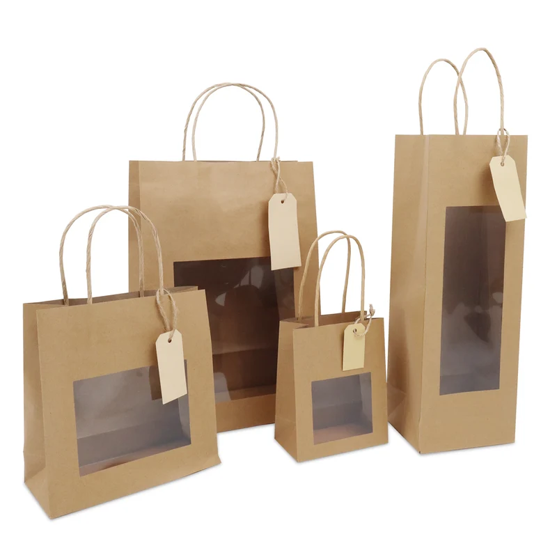Geschenk-Tragetaschen mit Fenster und Anhänger 22+12x32cm Kraft (100 Stück) [FP-DPT099]