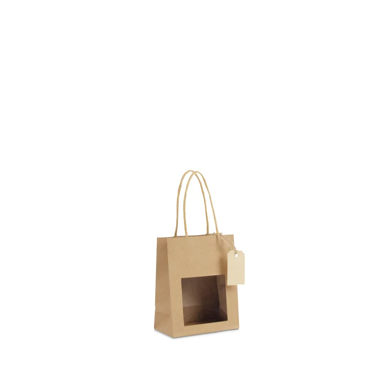 Geschenk-Tragetaschen mit Fenster und Anhänger 11,5+6,4x14,5cm Kraft (100 Stück) [FP-DPT097]