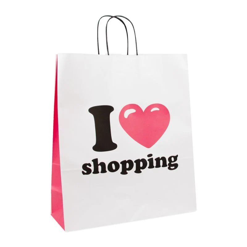 Papiertragetaschen mit gedrehte Griffe - I love shopping 35+14x41 cm Weiß (250 Stück) [FP-DPT103]