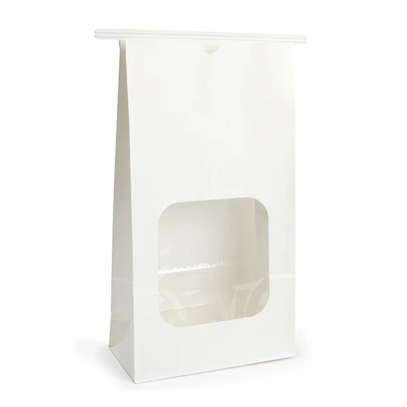 Weißer Kraftbeutel mit Tin-Tie-Verschluss und Sichtfenster 15,2x7x26,7 cm (100 Stück) [TTW3W]