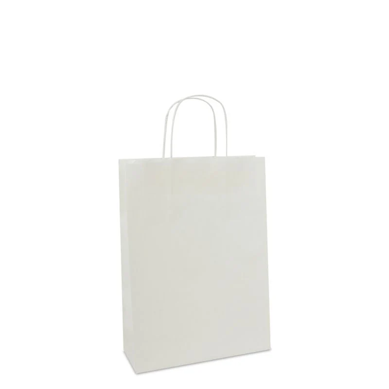 Papiertragetaschen mit gedrehte Griffe und Bodenkarton 25+10x35 cm Weiß (100 Stück) [FP-001035]