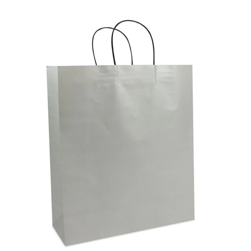 Papiertragetaschen mit gedrehte Griffe und Bodenkarton 35+12x40 cm Silber (250 Stück) [FP-007040]