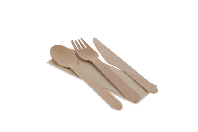Besteckset aus Holz 4/1 Messer + Gabel + spoon + Serviette FSC (250 Stück) [TK-9987658]