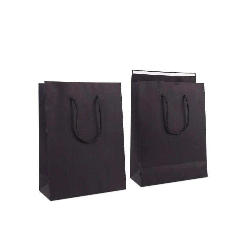 Luxuriöse Papiertaschen mit Klappe 26+12x35 cm Schwarz (100 Stück) [FP-DPK151]