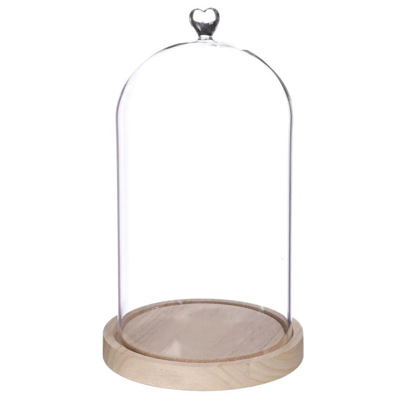 Glasglocke mit herzförmigem Holzsockel, Ø 17 cm, H. 30 cm (1 Stück) [IFS-29365]