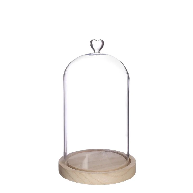 Glasglocke mit herzförmigem Holzsockel, Ø 14 cm, H. 24 cm (1 Stück) [IFS-29364]