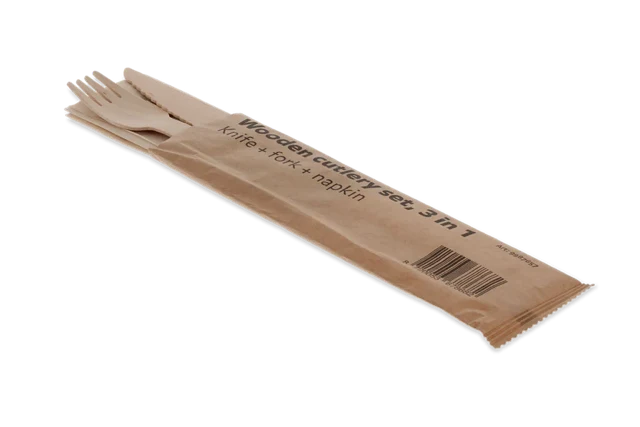 Besteckset aus Holz 3/1 Messer + Gabel + Serviette (250 Stück) [TK-9987657]