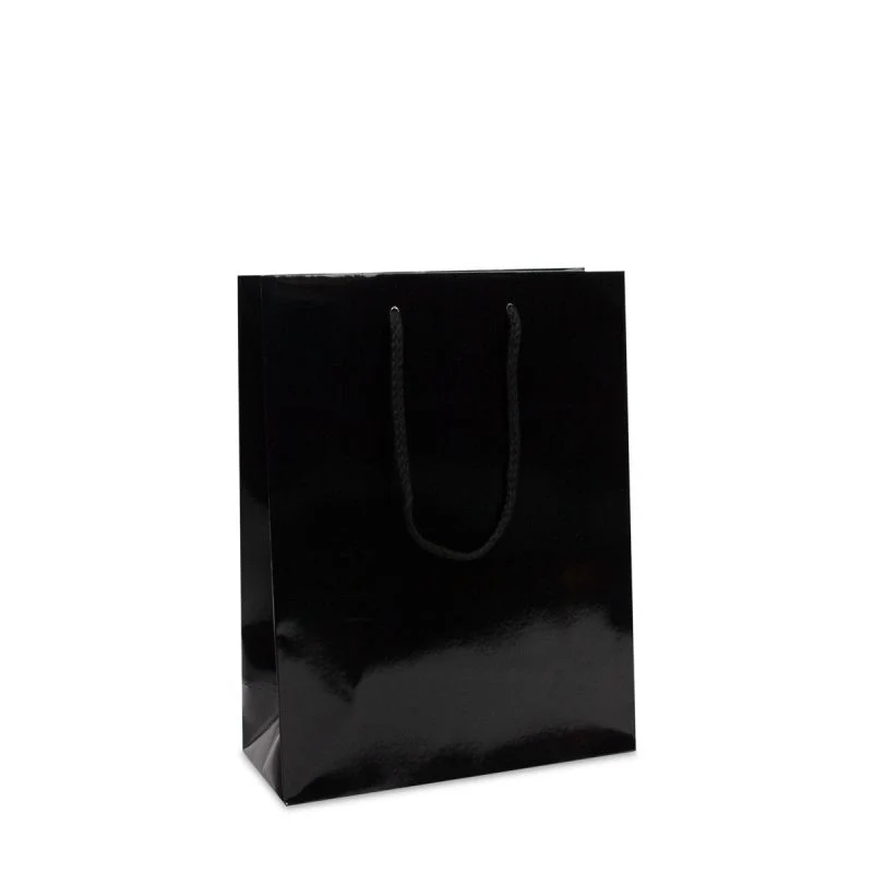 Luxuriöse Papiertaschen Glänzend 25+11x33 cm Schwarz (100 Stück) [FP-DPK068]