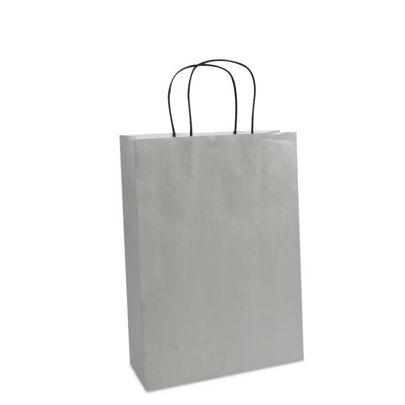 Papiertragetaschen mit gedrehte Griffe und Bodenkarton 25+10x35 cm Silber (250 Stück) [FP-007035]