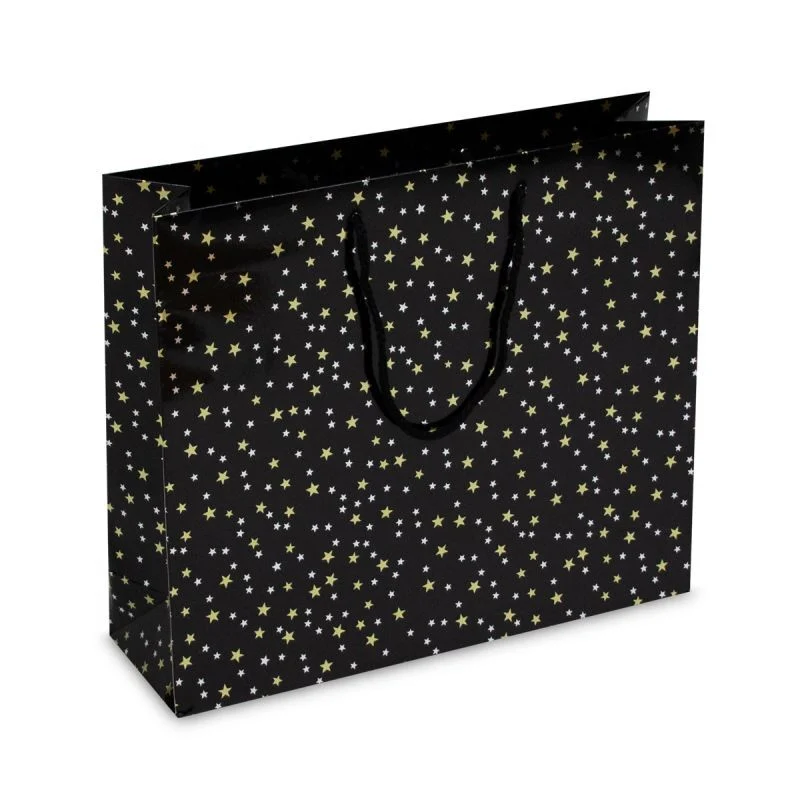 Luxuriöse Papier-Weihnachtstaschen - Stars 40+12x35 cm Schwarz (100 Stück) [FP-KDS004]