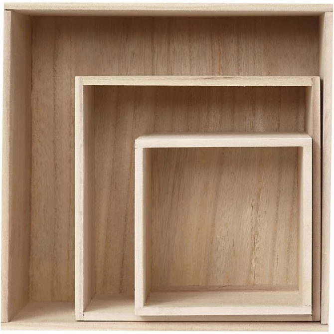 Holzkasten-Set, Quadrat, H 15x15+21,5x21,5+28x28 cm, Tiefe 12,5 cm, Kaiserbaum, 3Stck. [HOB57637]
