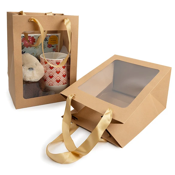 Geschenkbeutel Kraft mit Sichtfenster 17,8x12,7x24,9 cm (10 Stück) [GMBW2K]