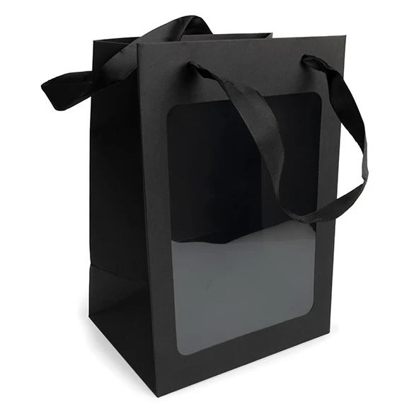 Geschenkbeutel Schwarz mit Sichtfenster 17,8x12,7x24,9 cm (10 Stück) [GMBW2B]