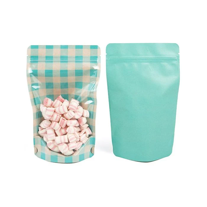 Standbodenbeutel Transparent/Blau pastellfarben kariert 13x7,9x20,6 cm (25 Stück) [ZBGSW3BLP]