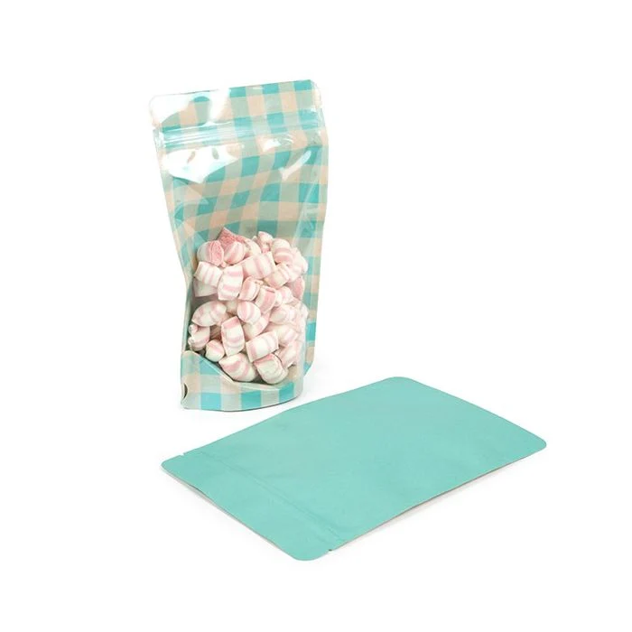 Standbodenbeutel Transparent/Blau pastellfarben kariert 13x7,9x20,6 cm (25 Stück) [ZBGSW3BLP]