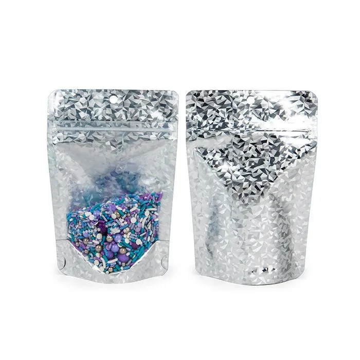 Standbodenbeutel Transparentes/Holografisches Eis 10,2x6x15,2 cm mit Aufhängeloch (25 Stück) [ZBGHI2C]