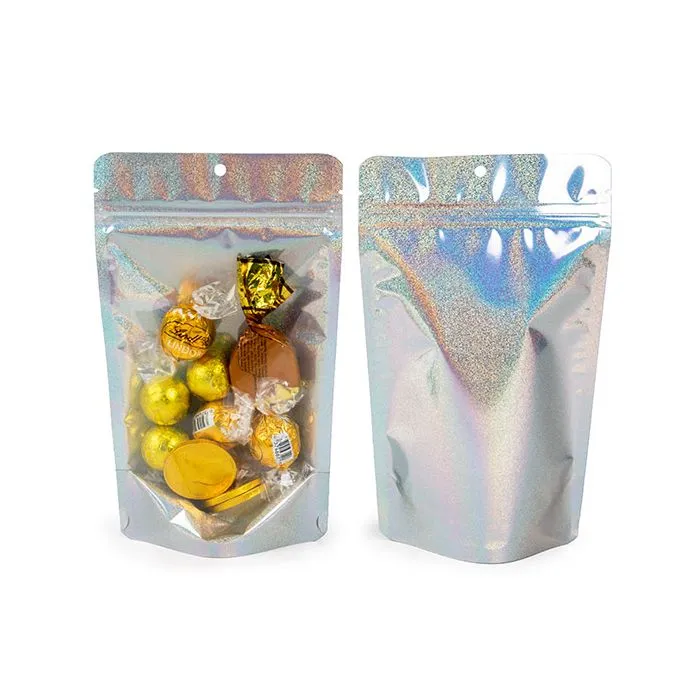 Standbodenbeutel Transparentes/holografisches Glitter 13x7,9x20,6 cm mit Aufhängeloch (25 Stück) [ZBGHG3C]