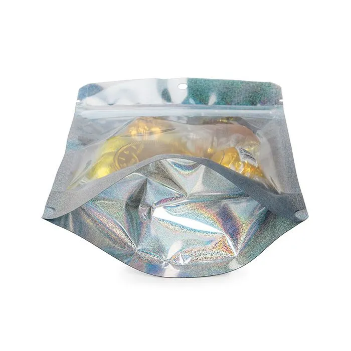 Standbodenbeutel Transparentes/holografisches Glitter 13x7,9x20,6 cm mit Aufhängeloch (25 Stück) [ZBGHG3C]