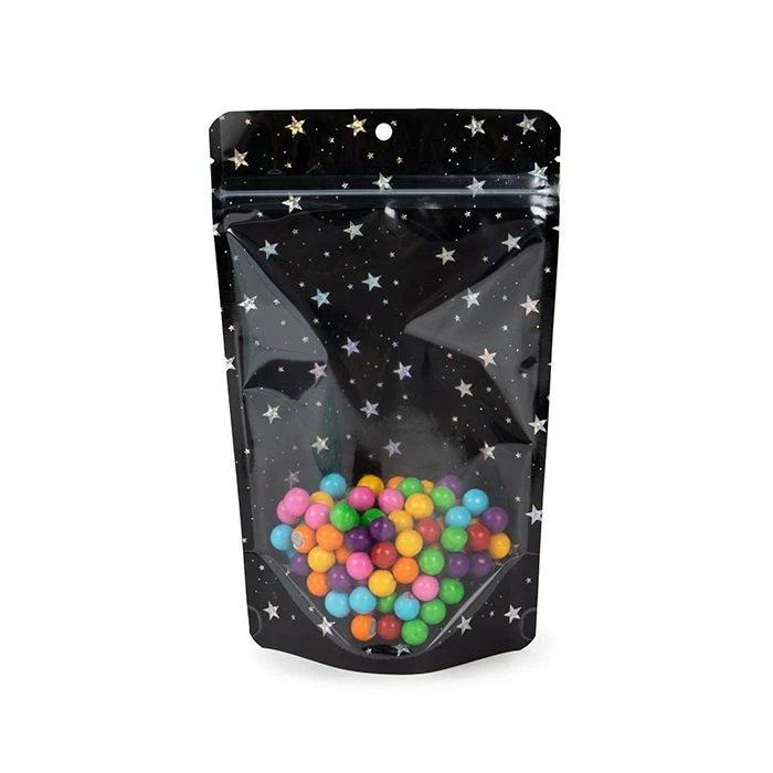 Standbodenbeutel Transparent/Schwarze holografische Sterne 13x7,9x20,6 cm mit Aufhängeloch (25 Stück) [ZBGHB3C]
