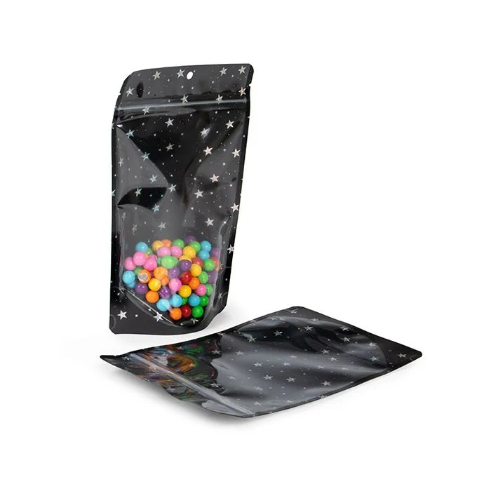 Standbodenbeutel Transparent/Schwarze holografische Sterne 13x7,9x20,6 cm mit Aufhängeloch (25 Stück) [ZBGHB3C]
