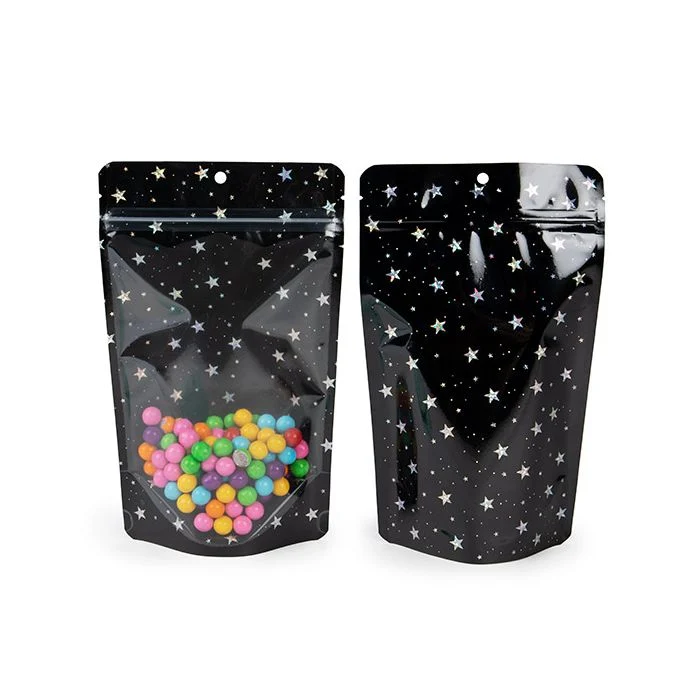 Standbodenbeutel Transparent/Schwarze holografische Sterne 13x7,9x20,6 cm mit Aufhängeloch (25 Stück) [ZBGHB3C]