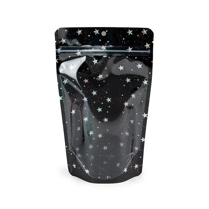 Standbodenbeutel Transparent/Schwarze holografische Sterne 13x7,9x20,6 cm mit Aufhängeloch (25 Stück) [ZBGHB3C]