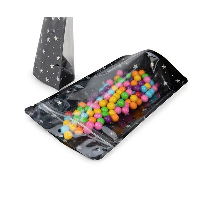 Standbodenbeutel Transparent/Schwarze holografische Sterne 13x7,9x20,6 cm mit Aufhängeloch (25 Stück) [ZBGHB3C]