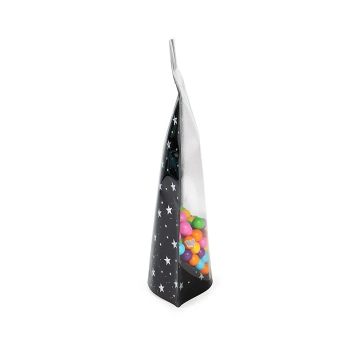 Standbodenbeutel Transparent/Schwarze holografische Sterne 13x7,9x20,6 cm mit Aufhängeloch (25 Stück) [ZBGHB3C]