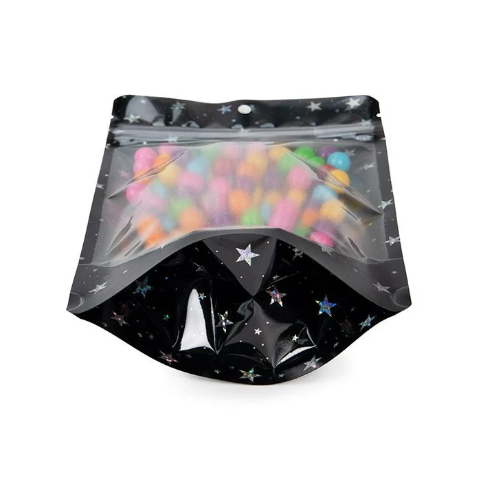 Standbodenbeutel Transparent/Schwarze holografische Sterne 13x7,9x20,6 cm mit Aufhängeloch (25 Stück) [ZBGHB3C]