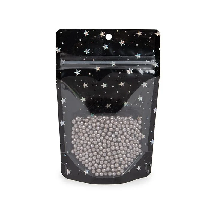 Standbodenbeutel Transparent/Schwarze holografische Sterne 10,2x6x15,2 cm mit Aufhängeloch (25 Stück) [ZBGHB2C]