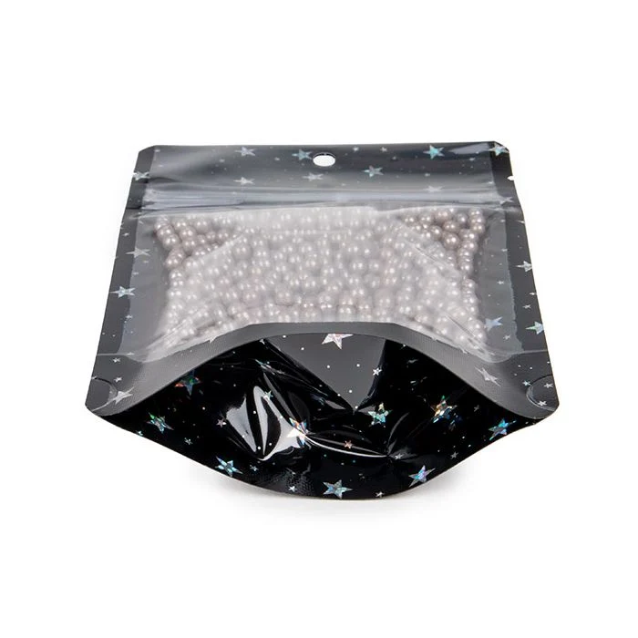 Standbodenbeutel Transparent/Schwarze holografische Sterne 10,2x6x15,2 cm mit Aufhängeloch (25 Stück) [ZBGHB2C]