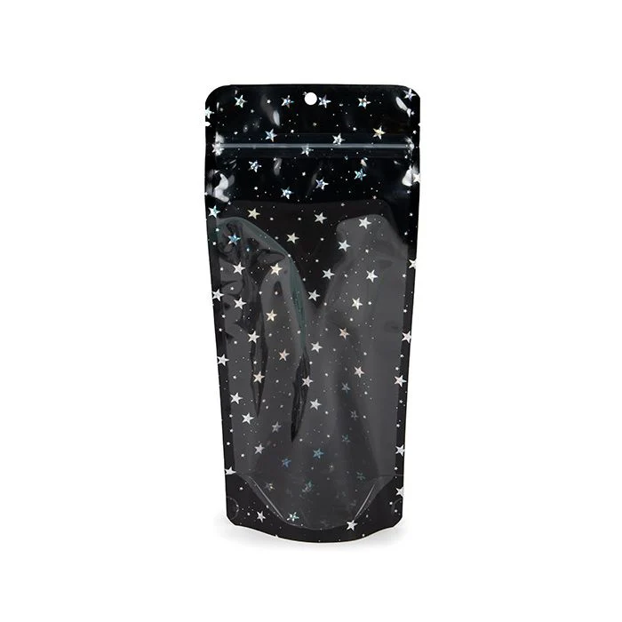Standbodenbeutel Transparent/Schwarze holografische Sterne 10,8x6x23,8 cm mit Aufhängeloch (25 Stück) [ZBGHB1NC]
