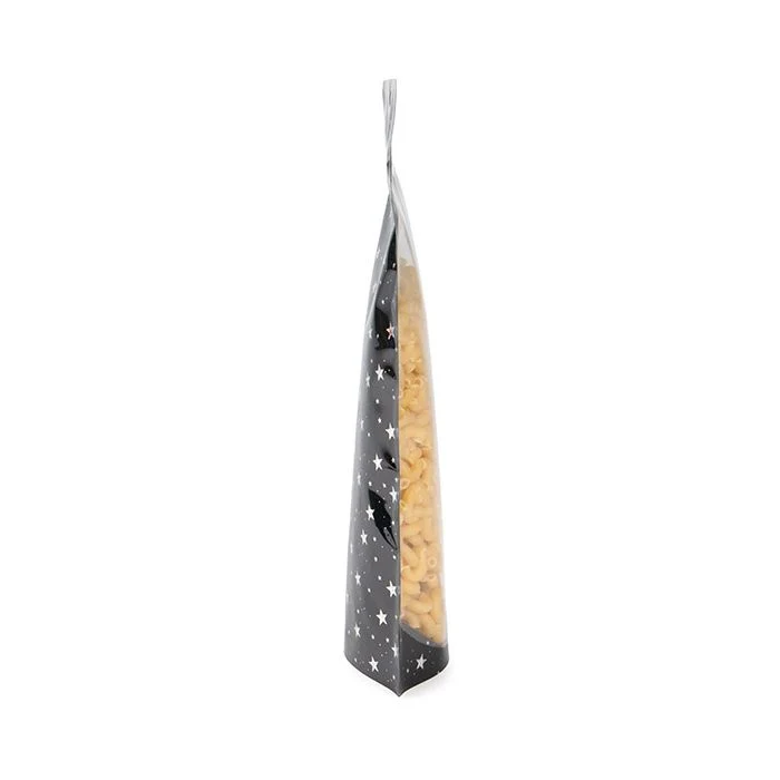 Standbodenbeutel Transparent/Schwarze holografische Sterne 10,8x6x23,8 cm mit Aufhängeloch (25 Stück) [ZBGHB1NC]
