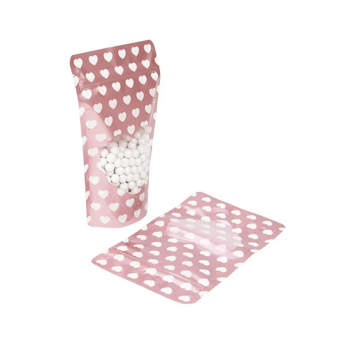 Standbodenbeutel Rose Gold mit Weiß Hearts 13x7,9x20,6 cm (25 Stück) [ZBGSW3WH]