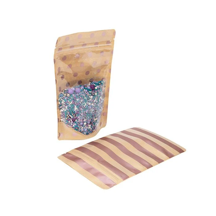 Standbodenbeutel Transparent/Kraft mit Rose Gold Punkte & Streifen Pattern 13x7,9x20,6 cm (25 Stück) [ZBGSW3SDR]