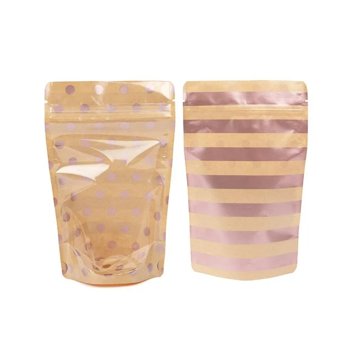 Standbodenbeutel Transparent/Kraft mit Rose Gold Punkte & Streifen Pattern 13x7,9x20,6 cm (25 Stück) [ZBGSW3SDR]