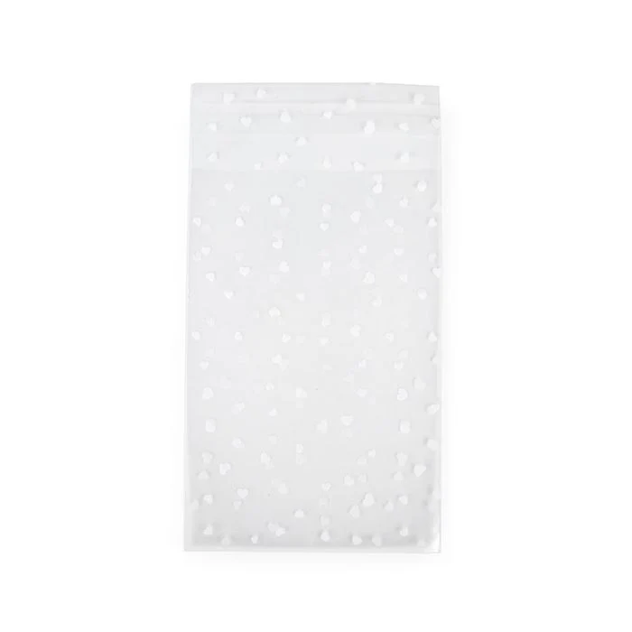 Frostweißer Plastik Klappenbeutel 10,2x15,2 cm Herzen Haftklebestreifen (100 Stück) [B46FH]