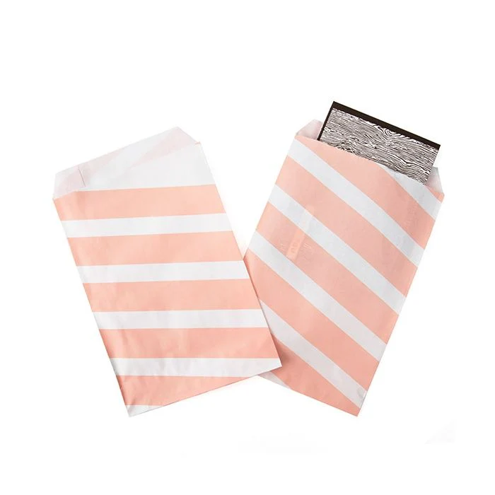 Papier Klappenbeutel Weiß mit Rosa Streifen 12,7x20,3 cm (100 Stück) [GPB58PS]