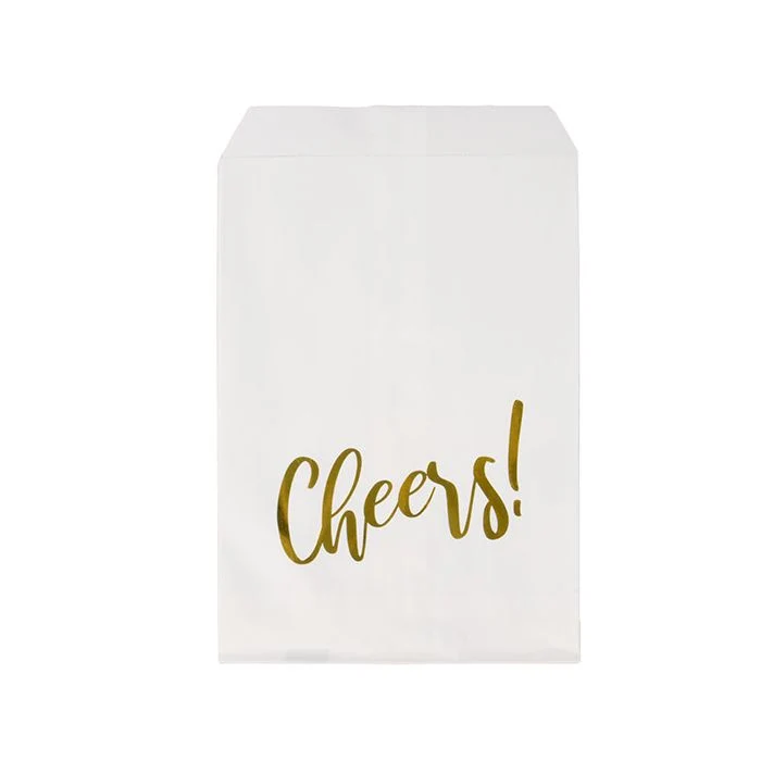 Papier Klappenbeutel Weiß mit Gold "Cheers" 12,7x20,3 cm (100 Stück) [GPB58GCH]